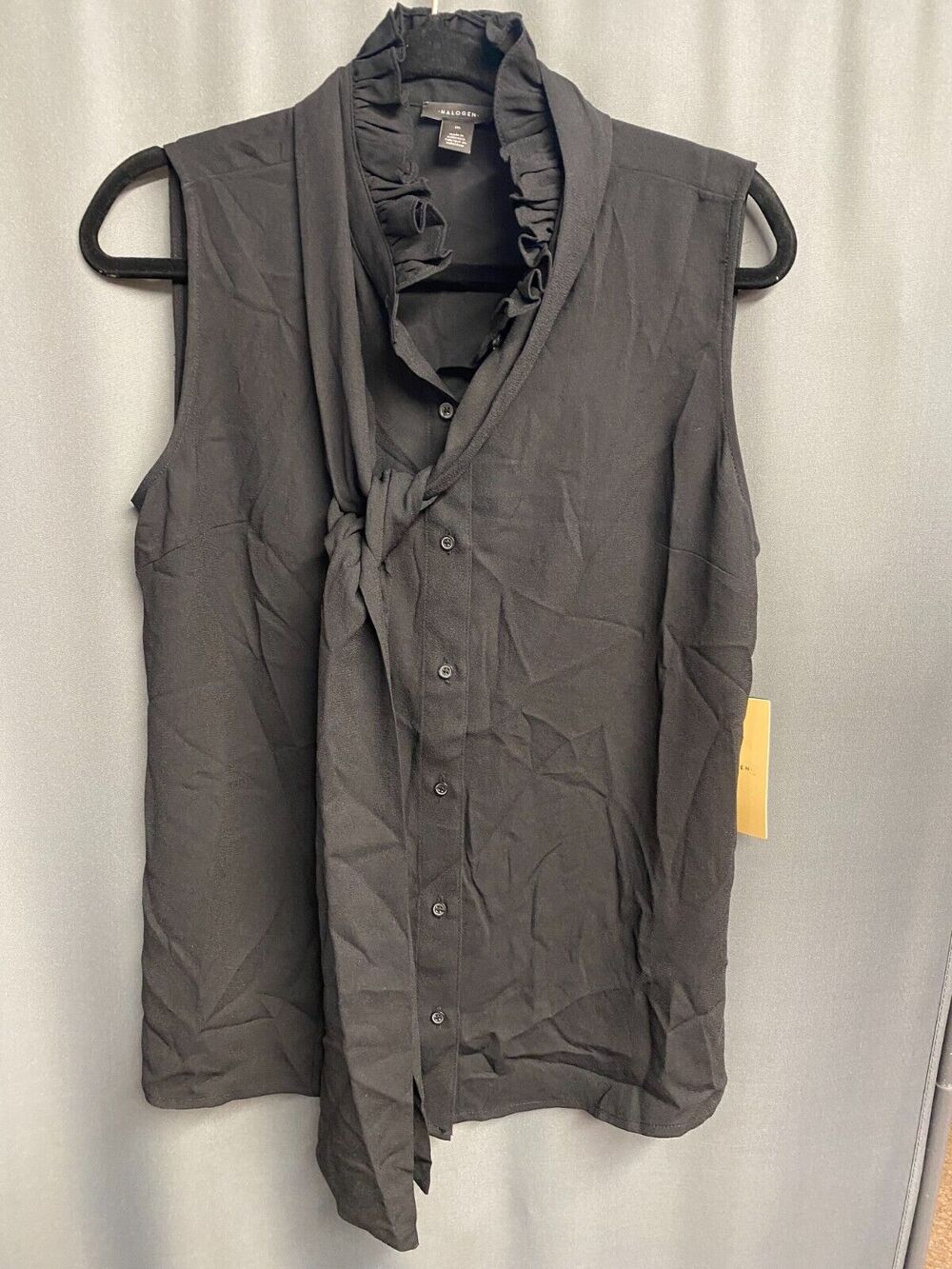 Halogen Blouse Top Womens Medium Gray Sleeveless Knot & Button Front Ruffle B61